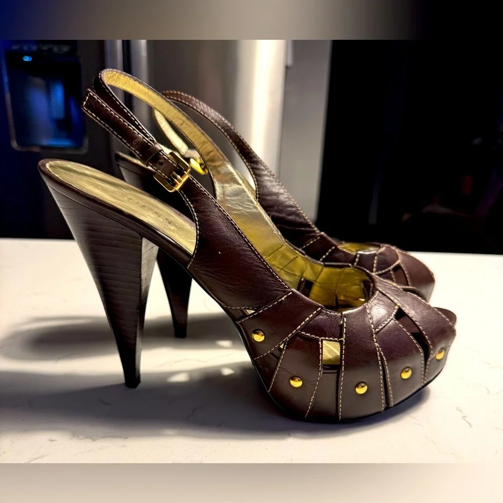 Guess by Marciano Brown Leather Peep Toe Slingback Platform Heels Size 8